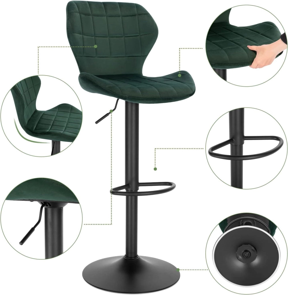 Set di 1 Sgabello da Bar con Schienale e Poggiapiedi Girevoli a 360° Sedia Alta da Cucina con Seduta Regolabile tra 60-82cm in Velluto e Metallo Verde Scuro BH324dgn-1