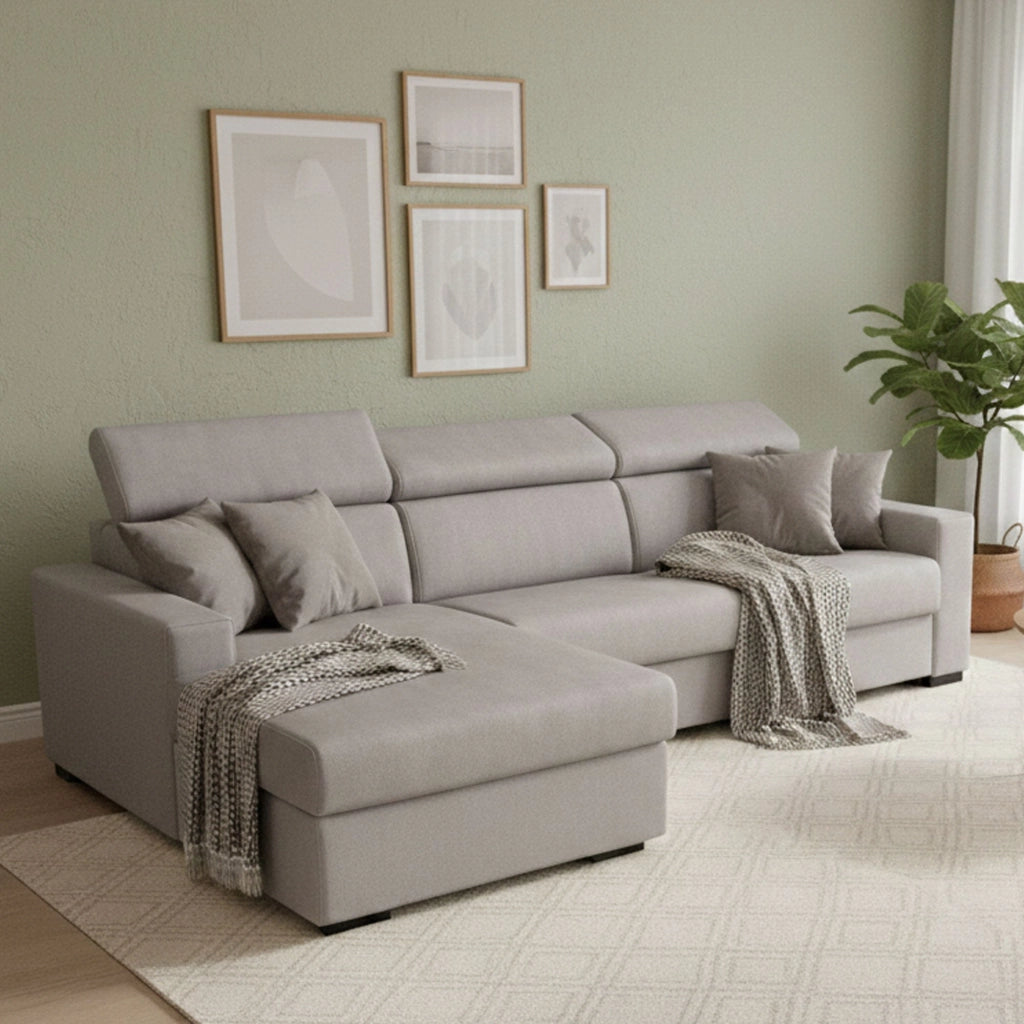 Divano Letto Aloet, Divano ad angolo, Made in Italy, SofÒ  con apertura girevole, con Penisola contenitore Sinistra, con Braccioli slim, cm 260x95h85, Grigio