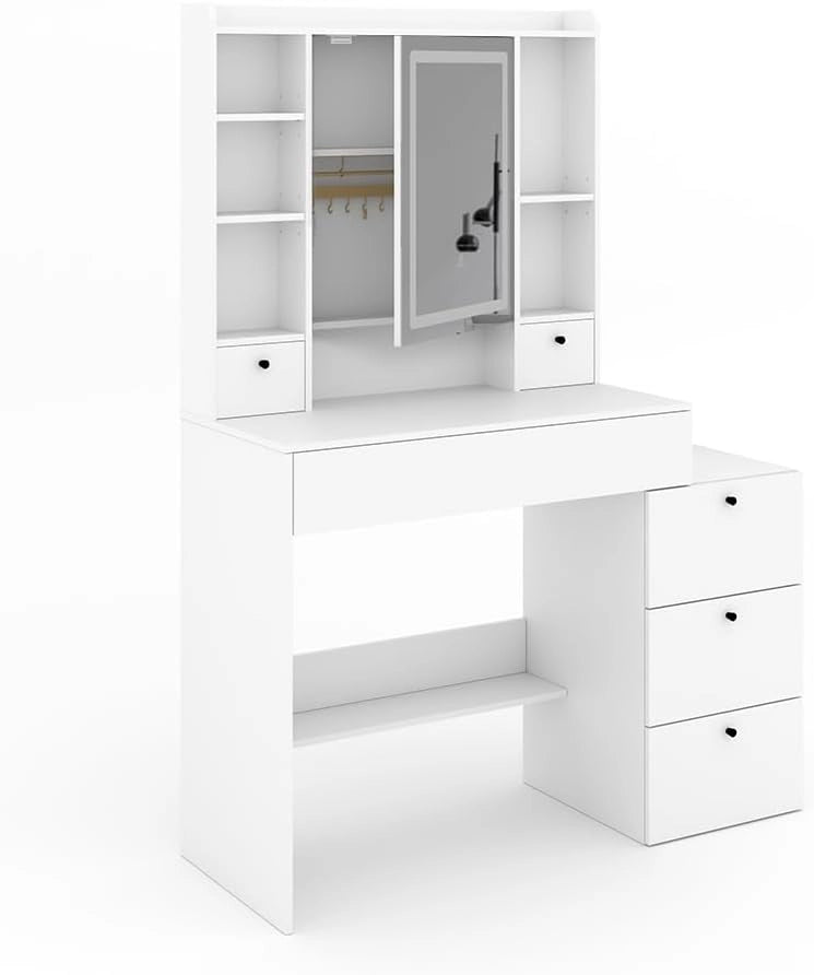 Tavolo da toilette Livora, Bianco, 105.5 cm con specchio a LED, con illuminazione LED regolabile senza scatti e specchio