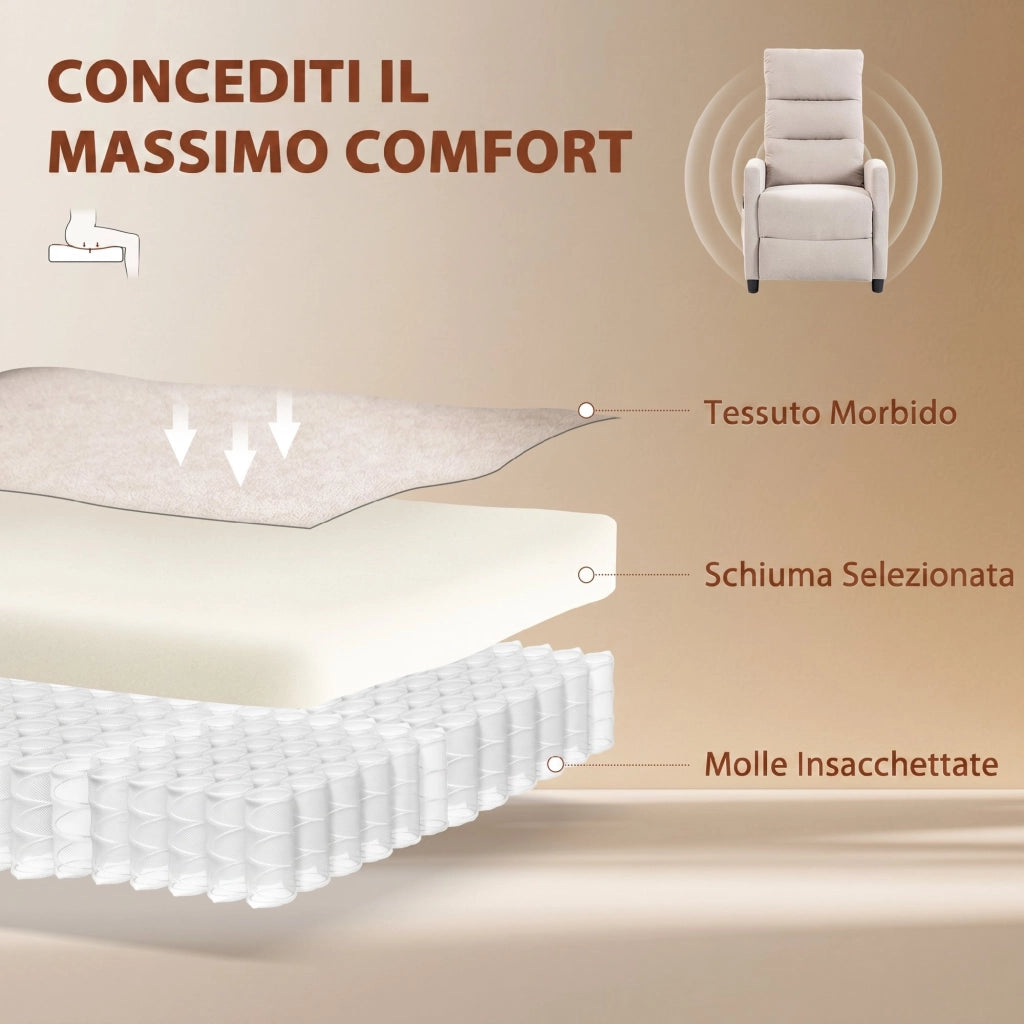 Poltrona Massaggiante e Reclinabile a 160° con Poggiapiedi e Telecomando, 66x91x108 cm, in Ciniglia Bianco Crema