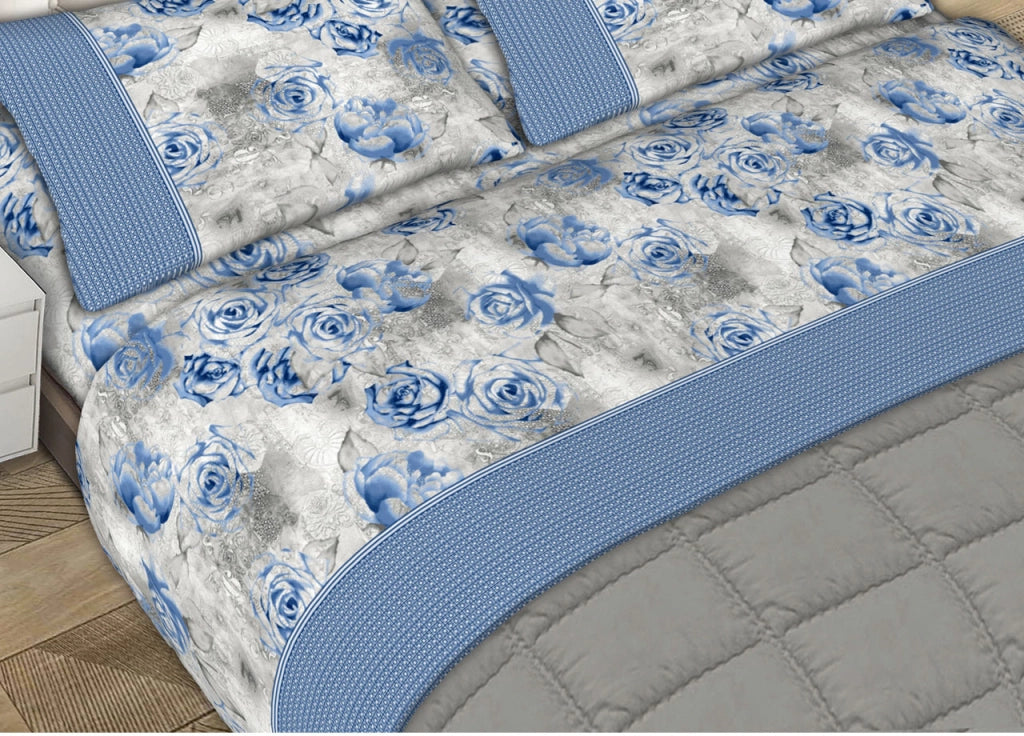 Completo Lenzuola Letto Matrimoniale 100% Cotone Made Italy Dis. Sonia CN - 2 Piazze - Azzurro