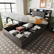 Letto singolo multifunzione 140x200 cm con contenitore idraulico; USB e USB-C; grigio