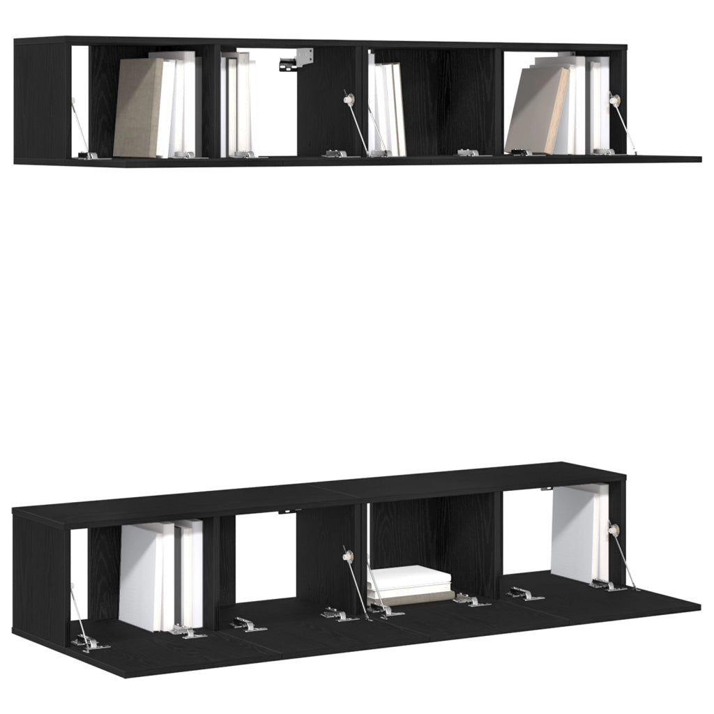 Set di mobili TV a parete in 4 pezzi in legno ingegnerizzato nero e rovere