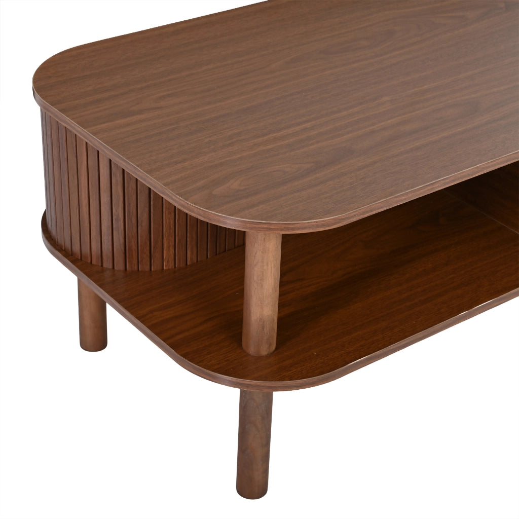 Tavolino, in MDF, con ante scorrevoli e ripiani a vista, 110 x 55 x 45 cm, color noce