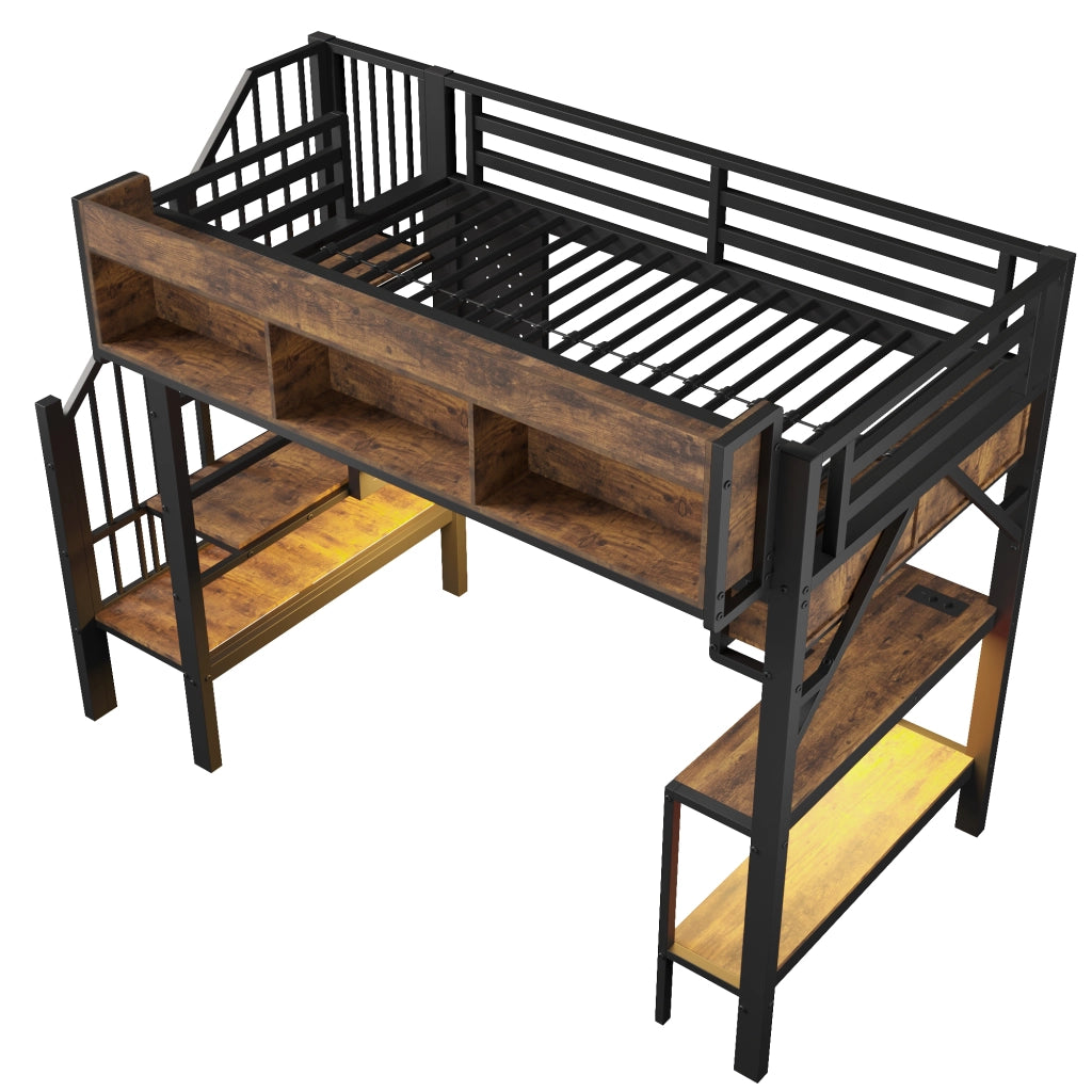 Letto a soppalco 90x200 cm, con scrivania ad angolo, porta USB/Type-C, lampada a LED, nero e marrone