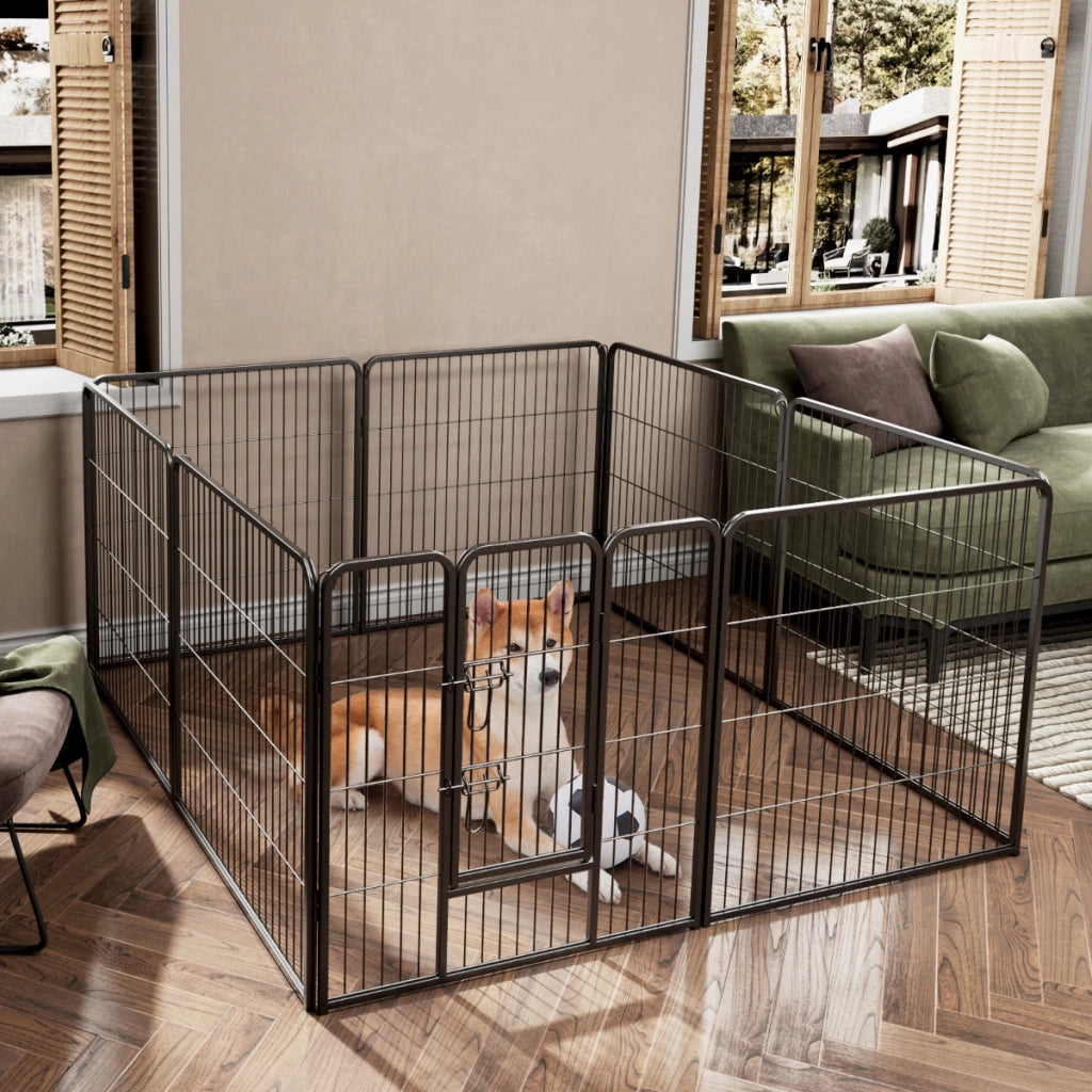 Recinto per cani interno o esterno con 8 pannelli altezza 80cm, Recinzione portatile pieghevole in metallo Nero-Cancelli