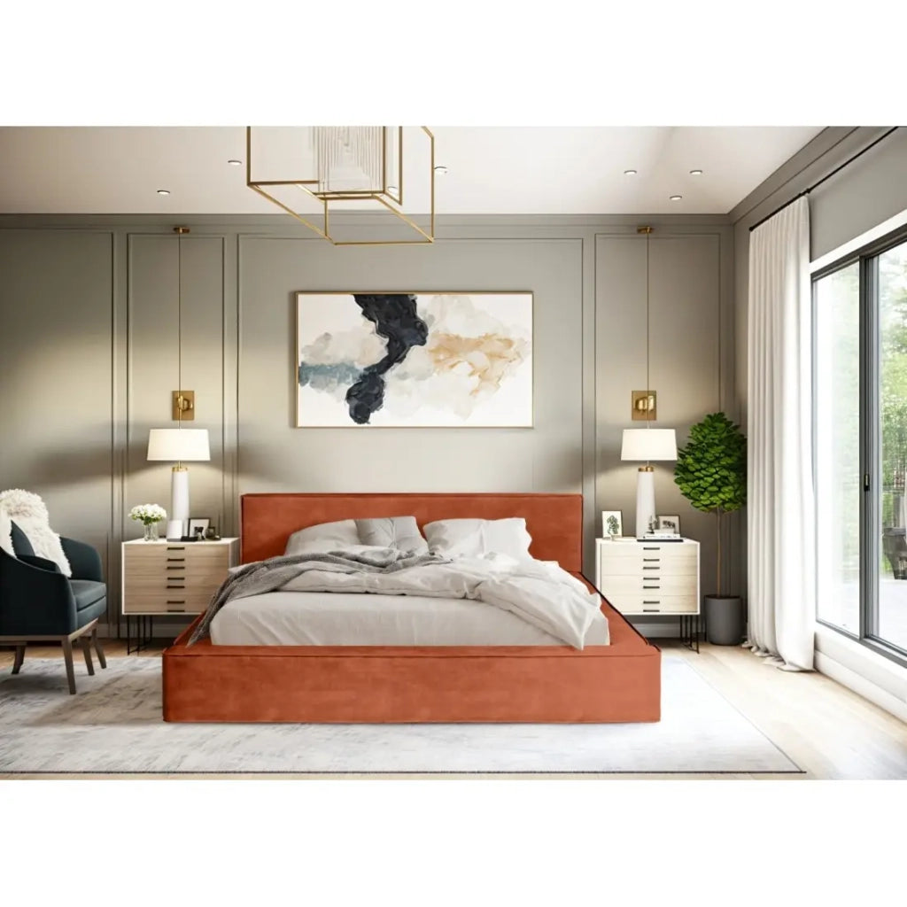 Letto contenitore VELORA – Terracotta – 140x200 cm – Tessuto velluto morbido – Rete sollevabile – Spazio di stoccaggio integrato