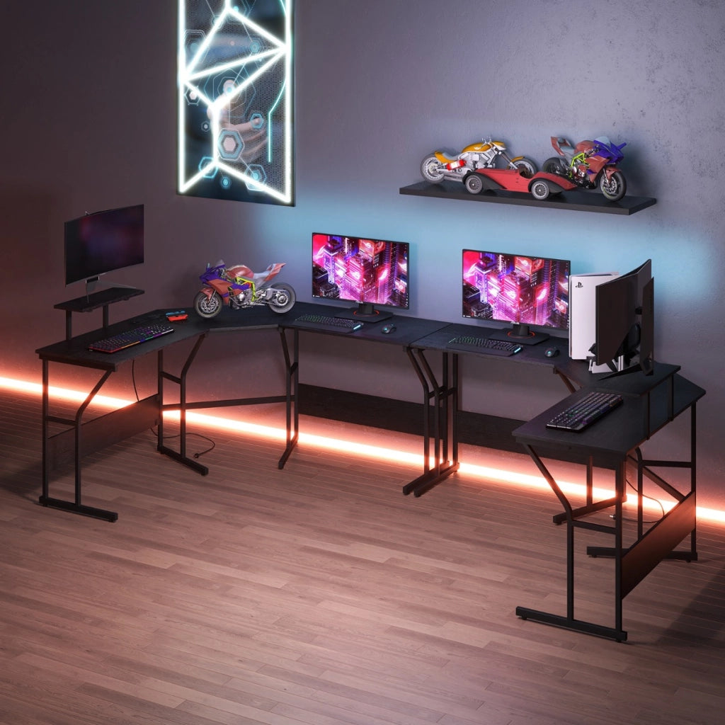 Scrivania ad angolo a forma di L con presa elettrica, Scrivania per computer con supporto monitor movibile da 225cm Nero-Scrivanie