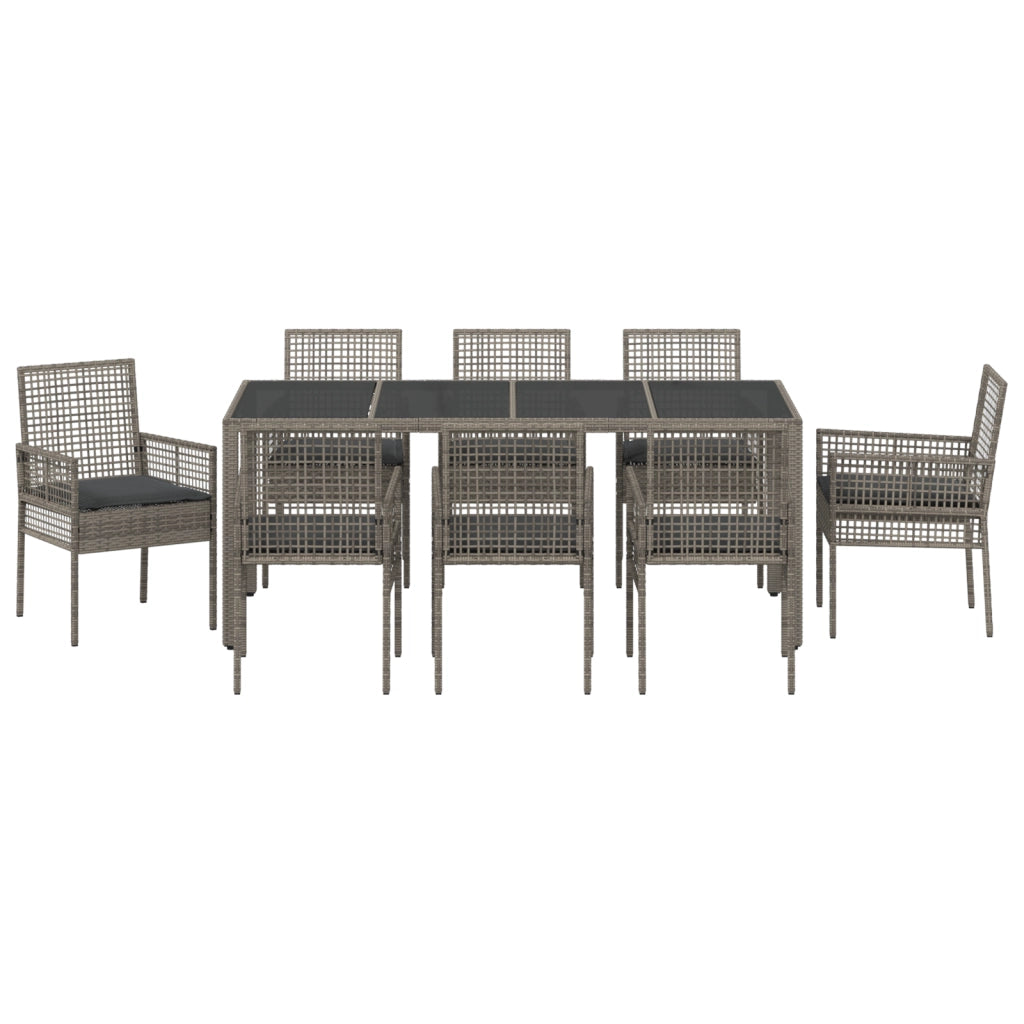 Set da Pranzo da Giardino 9 Pezzi con Cuscini Grigio in Rattan