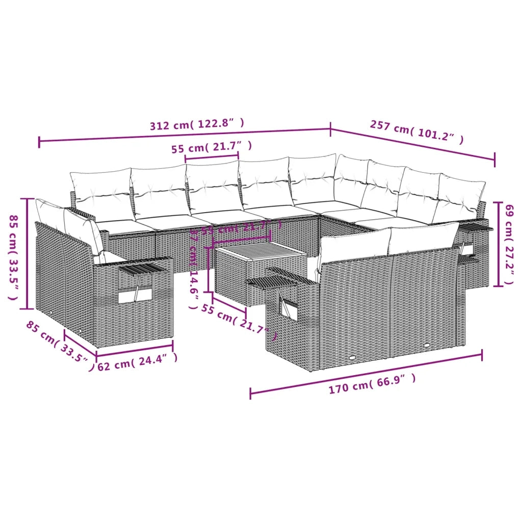 Set Divano da Giardino 13 pz con Cuscini Beige Misto Polyrattan 3257165