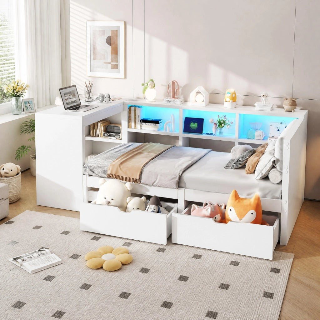 LETTO a piattaforma 90x200 cm bianco con testiera imbottita, ripiani, cassetti, USB e LED