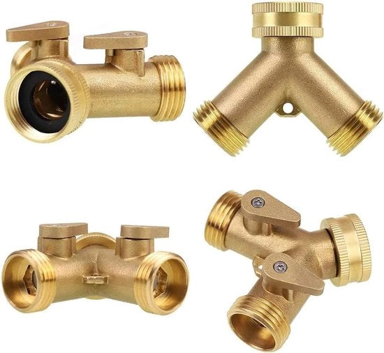 Splitter per tubi da giardino 2 vie in rame pesante, connettore 3/4 pollici con valvole