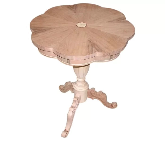 tavolino rotondo \"fiore\" intarsiato gambone 3 piedi grezzo d.56 h.71 (3122) - Mobili 2G
