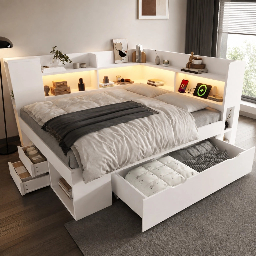 DESMIU Letto singolo 140 × 200 cm con USB, Type-C, LED, ripiani e cassetti, senza materasso, in legno, bianco