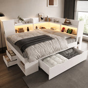 DESMIU Letto singolo 140 × 200 cm con USB, Type-C, LED, ripiani e cassetti, senza materasso, in legno, bianco