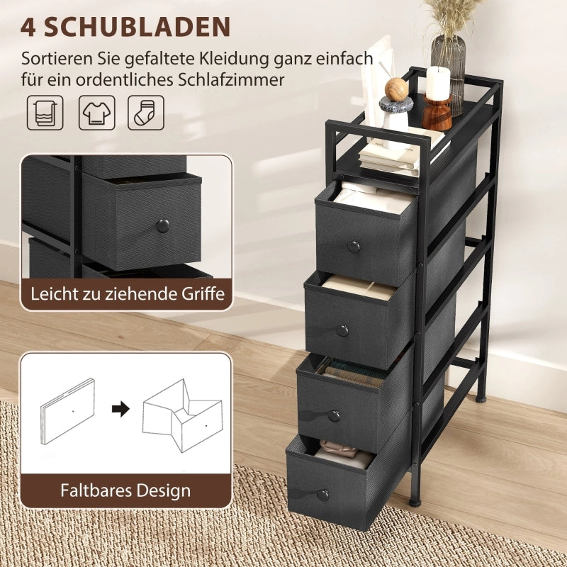 Cassettiera stretta con 4 cassetti, struttura verticale, per camera da letto, in legno, nero, 20 × 43 × 81,5 cm