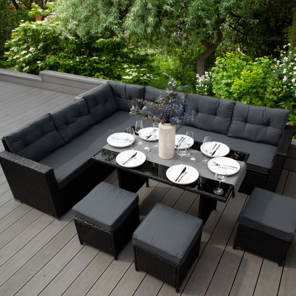 Set d'angolo in rattan Mobili da giardino Nero Divano Sgabelli Tavolo Cuscini Impermeabili