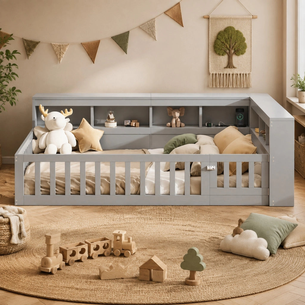 Daybett 140x200 cm con rete a doghe, testiera con presa e USB, vano laterale, grigio