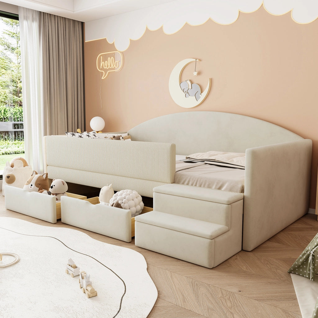 Letto per bambini 90 × 190 cm con 2 cassetti, sponde di sicurezza et scalini, senza materasso, beige