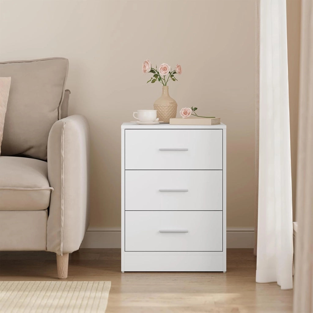 Set di 2 Comodini Moderni con 3 Cassetti, Grande Capacità, Tavolino da Letto per Camera da Letto, Soggiorno e Ufficio, 39x28x54cm, Bianco, NTS26hei-2