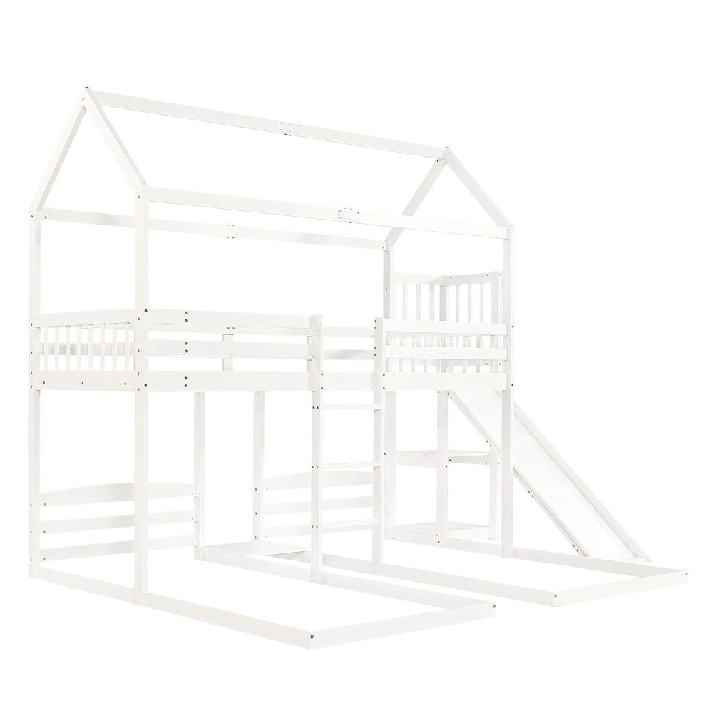 Letto a Castello con Scivolo e Tetto ¨C MINIMAL ¨C Pino e MDF, Bianco, 90x200cm