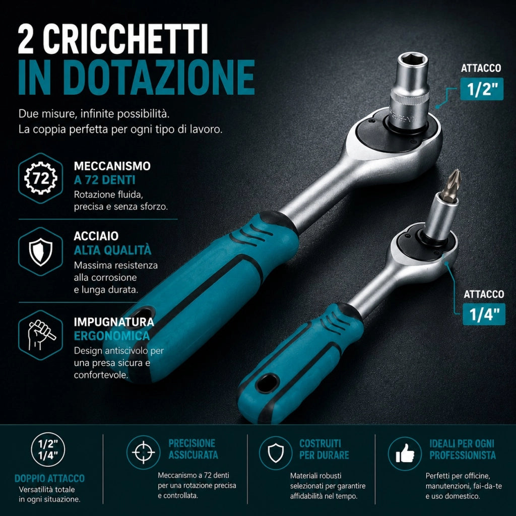 Set 50 Chiavi a Bussola 1/4" 1/2" con Cricchetti Inserti e Snodi VHT02524