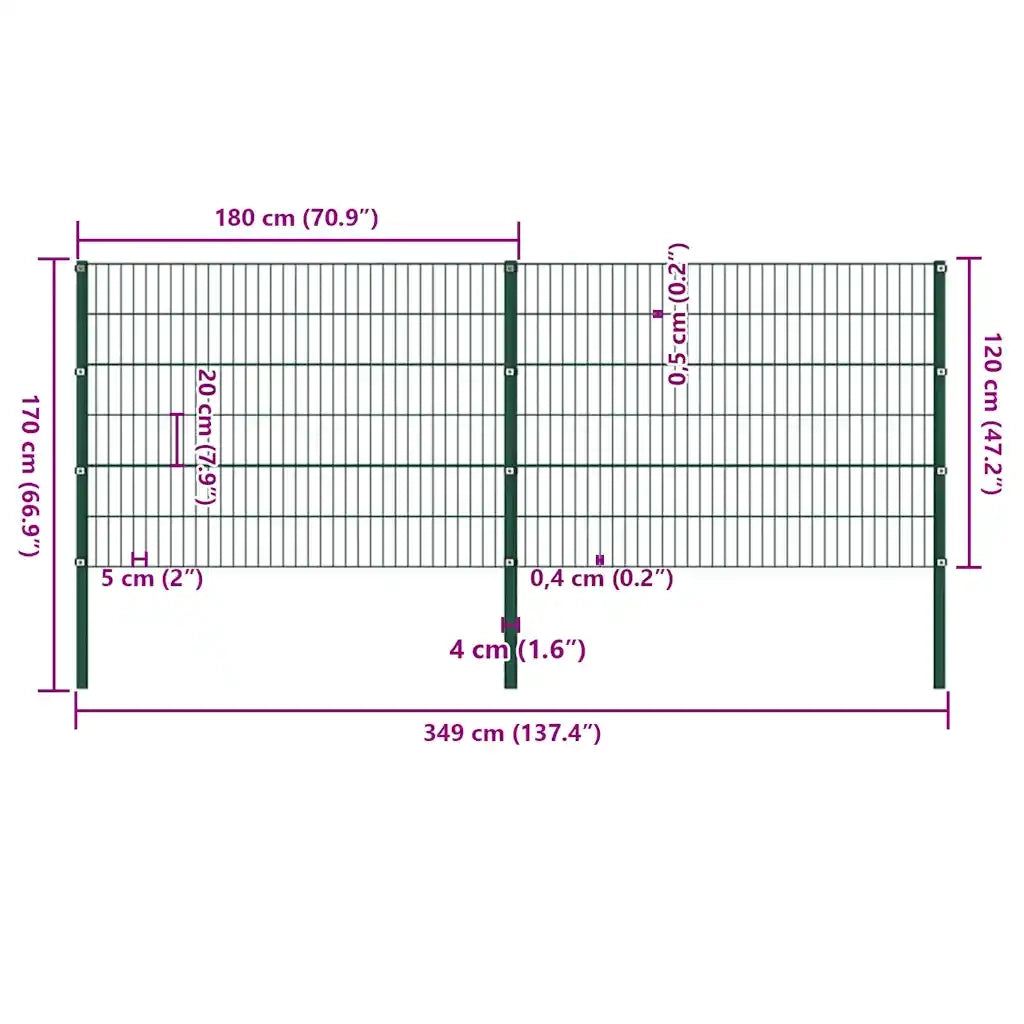 Pannello di recinzione con pali in ferro 349x120 cm verde 278662