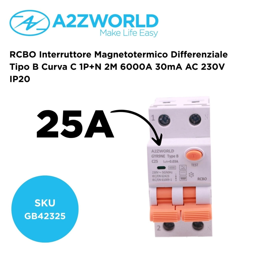 RCBO Interruttore Magnetotermico Differenziale Tipo B Curva C 1P+N 2M 6000A 30mA AC 230V IP20 Disponibili 16A 20A 25A 32A 40A (C25A)