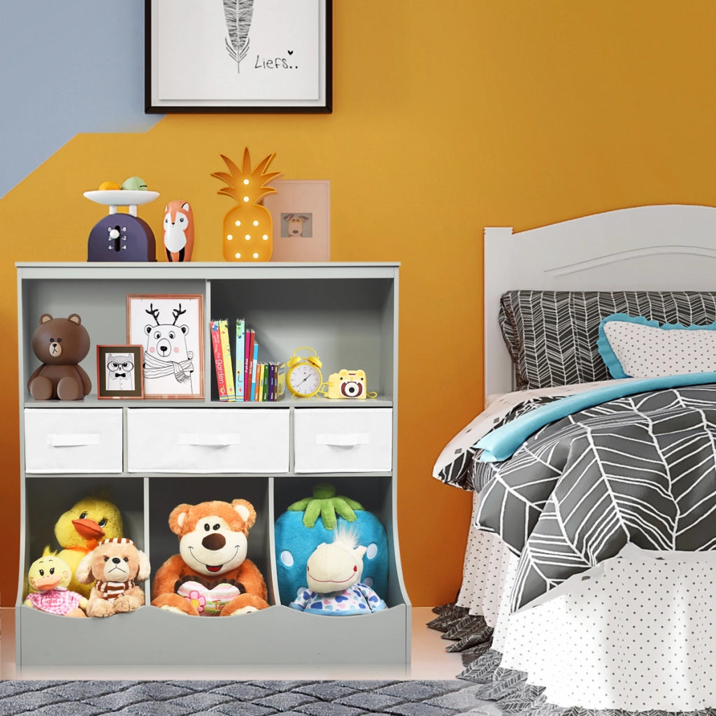 Organizer con contenitori e 3 livelli per bambini, Mobile con 5 contenitori e 3 cassetti Grigio