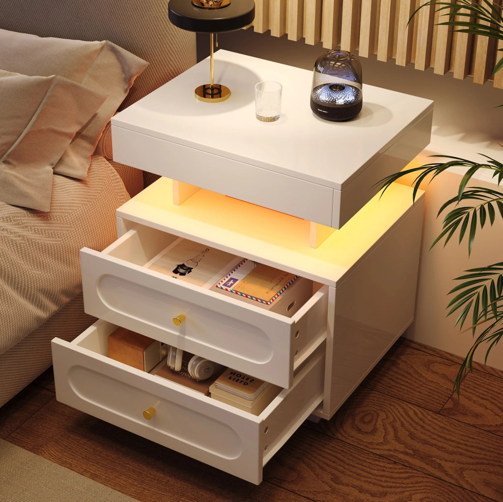 Comodino 50x40x60 cm con illuminazione LED a 3 colori; cassetto spazioso; truciolare bianco