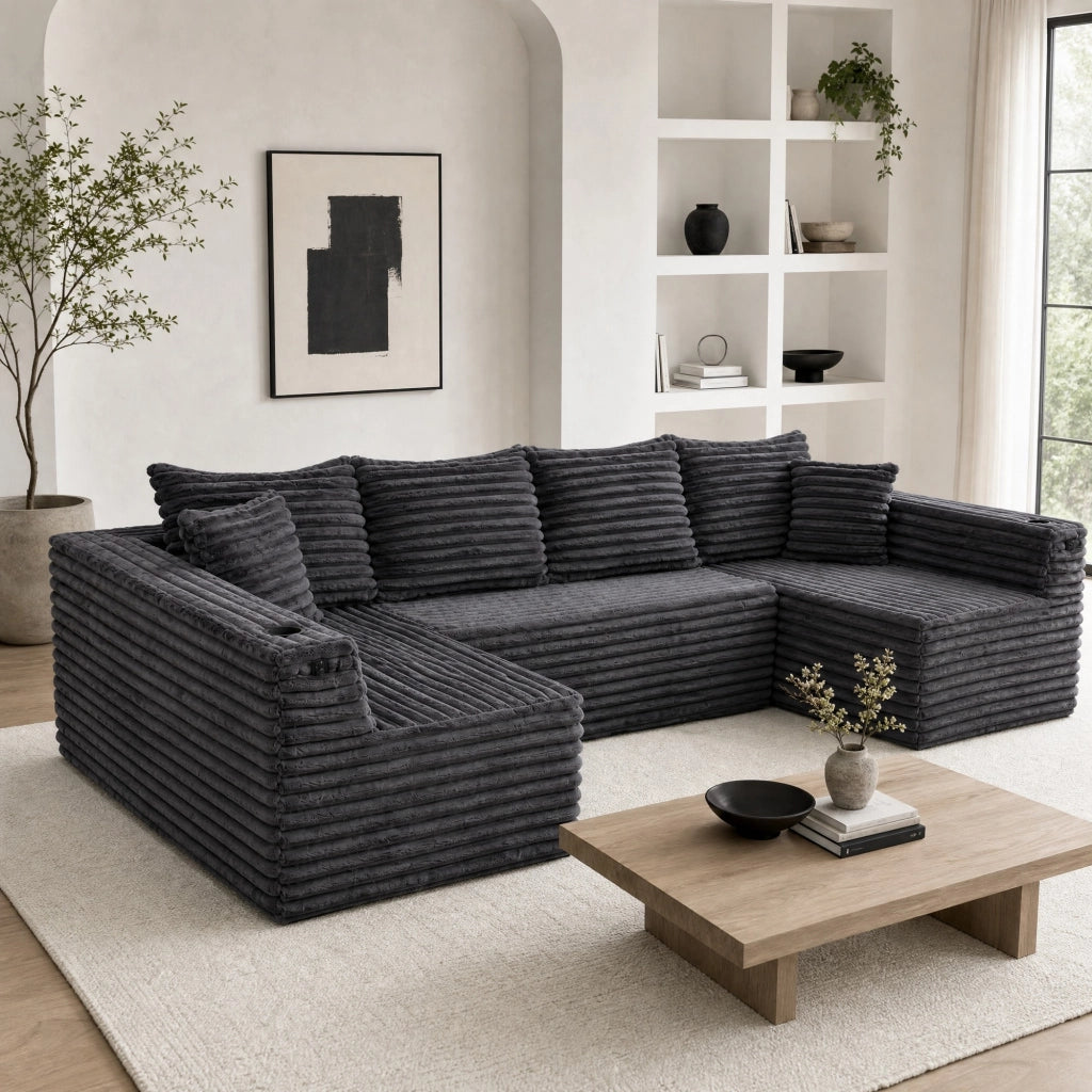 Divano modulare a U in corduroy grigio scuro con portabicchieri, tasche laterali e cuscini
