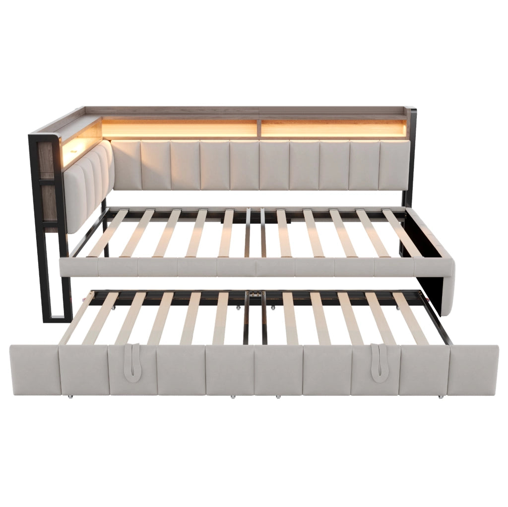 Divano letto multifunzione 90x200 cm in velluto grigio con letto estraibile; LED e USB