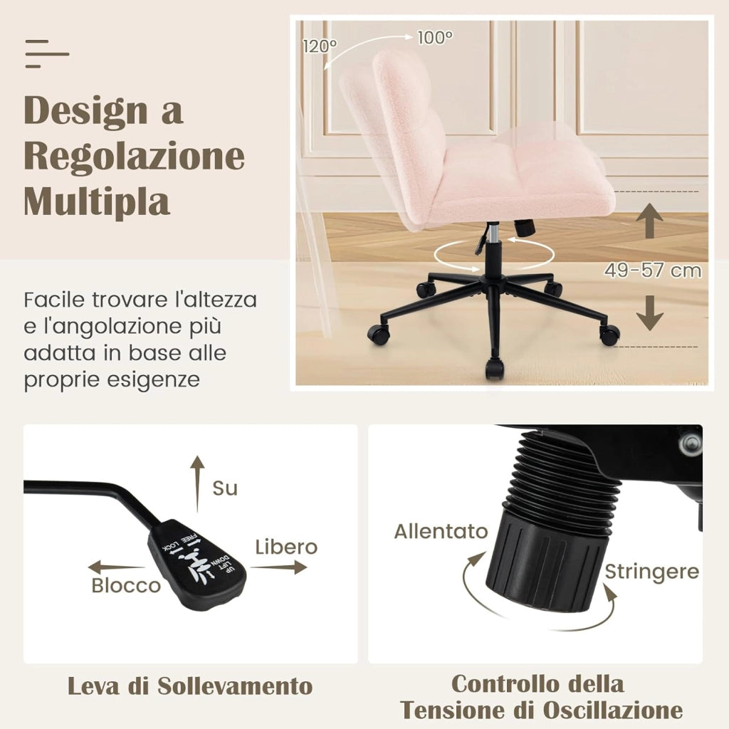 Sedia a Gambe Incrociate, Sedia da Ufficio con Ruote, con Seduta Riempita, Altezza Regolabile, Senza Braccioli, Portata 160 kg (Rosa)