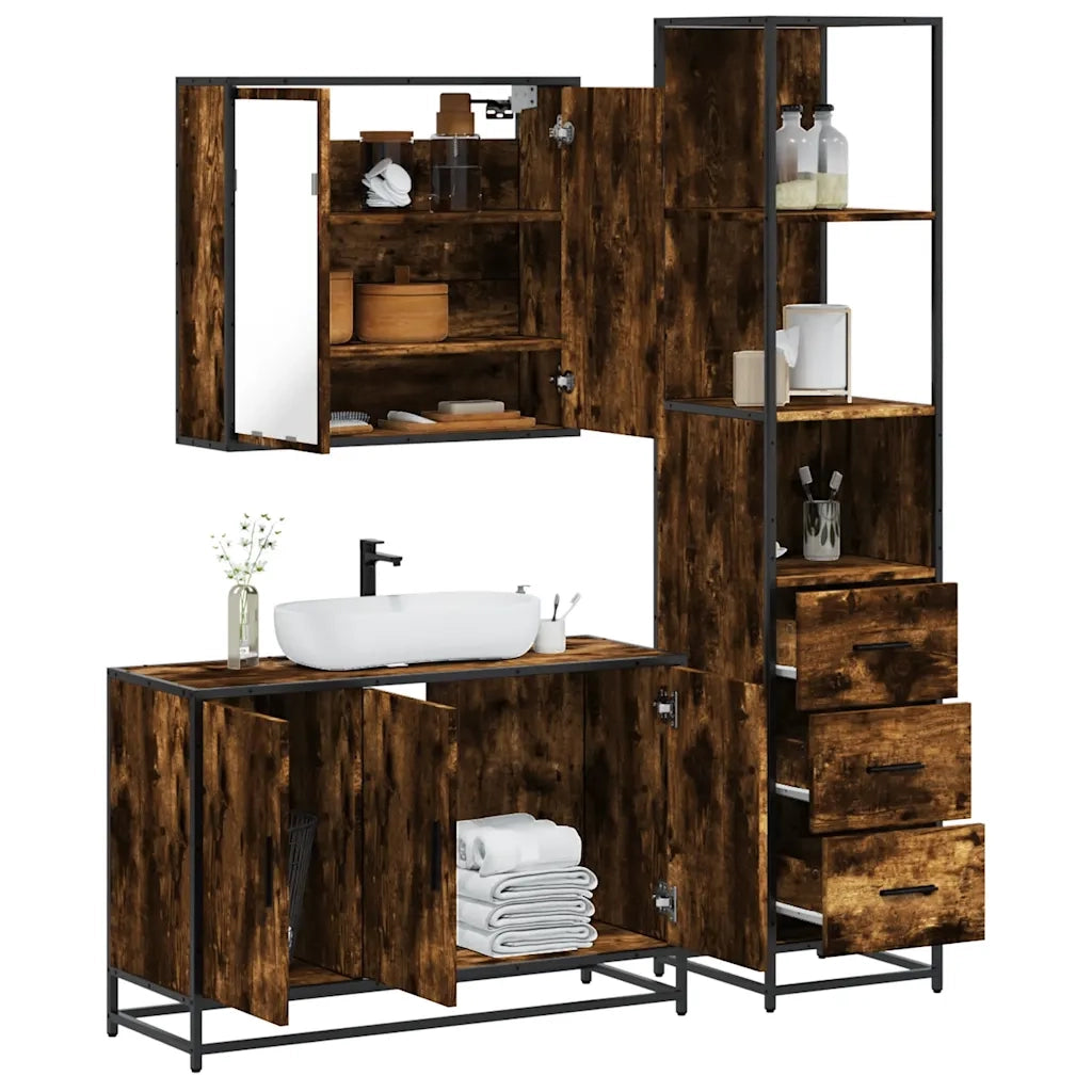 Set Mobili da Bagno 3 pz Rovere Fumo in Legno Multistrato 3301132