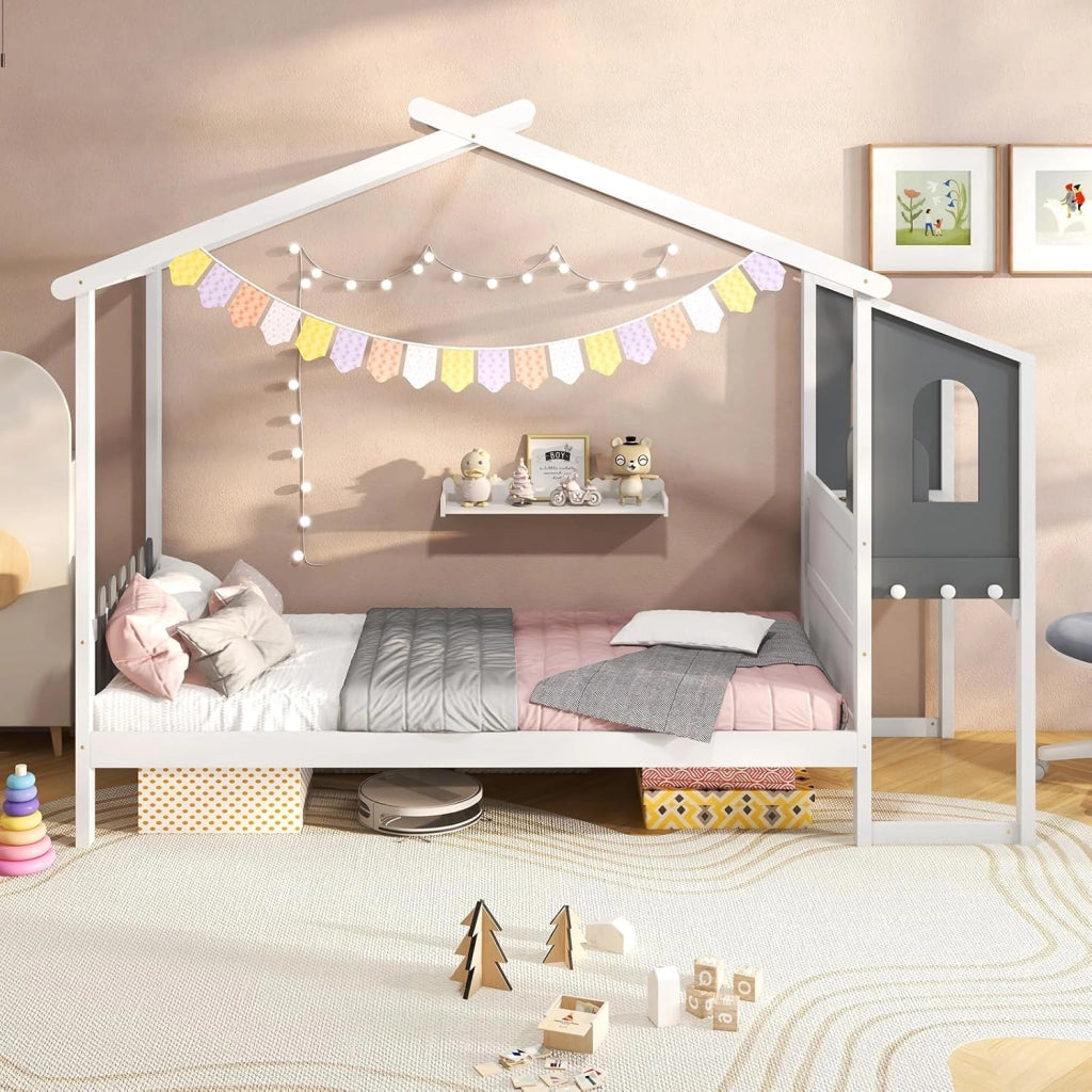 Telaio per letto a forma di casa con scrivania, letto capanna per bambini con vassoio rimovibile, cassetti, ganci, doghe in legno, per ragazzi e ragazze, nessuna rete necessaria (90 x 200 cm)