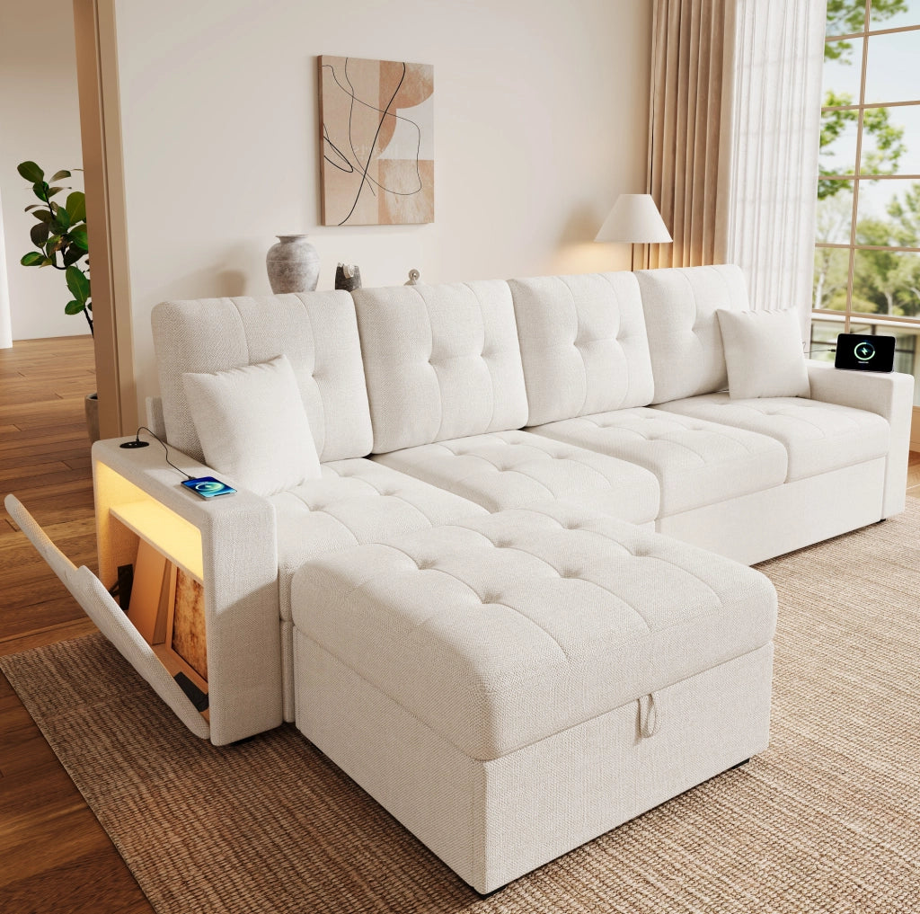 Divano 4 posti beige con pouf contenitore; LED; porte USB e Type-C; rivestimento in lino