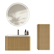 Mobile bagno sospeso con lavabo; specchio LED antiappannamento e colonna contenitore per bagno; rovere e bianco