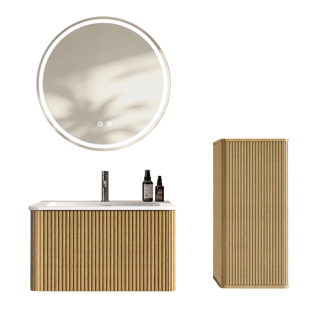 Mobile bagno sospeso con lavabo; specchio LED antiappannamento e colonna contenitore per bagno; rovere e bianco