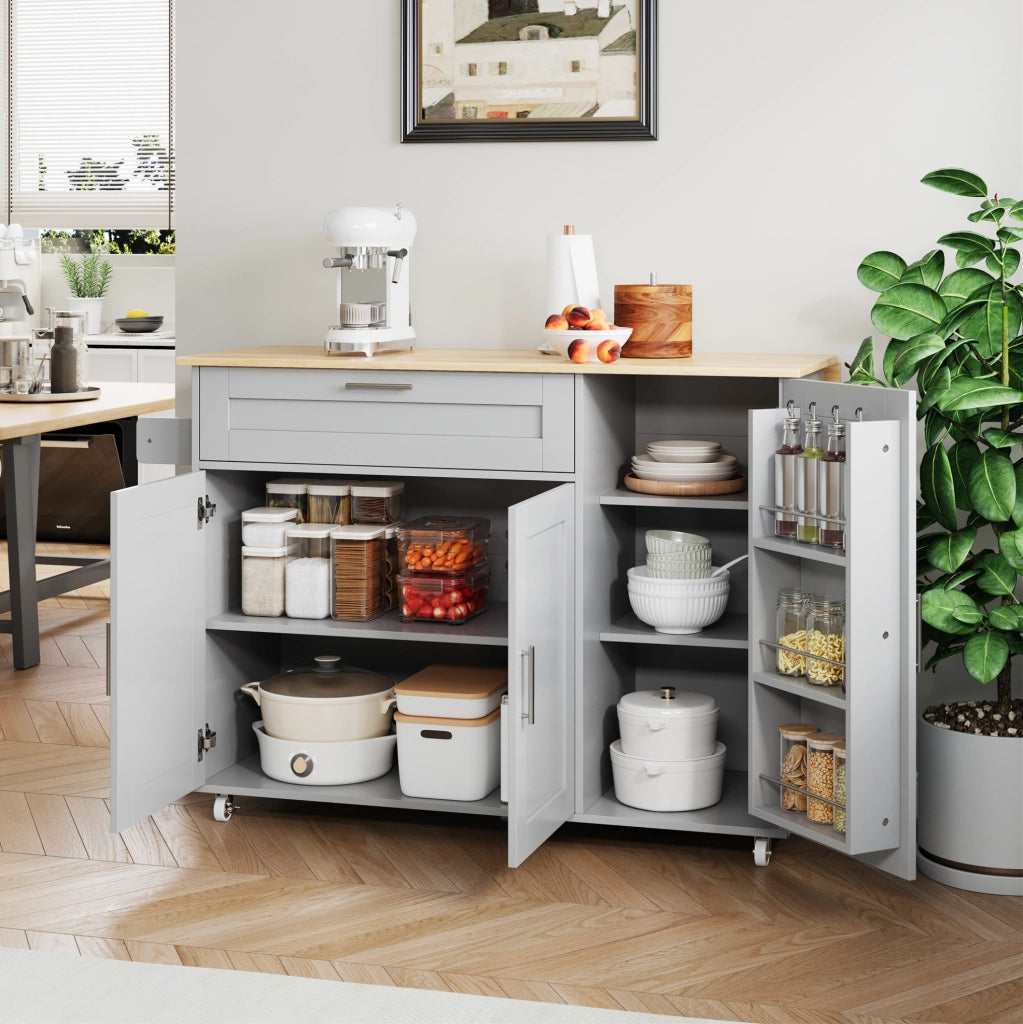 Carrello da cucina 132.5x44(70)x90 cm con piano ribaltabile in MDF grigio