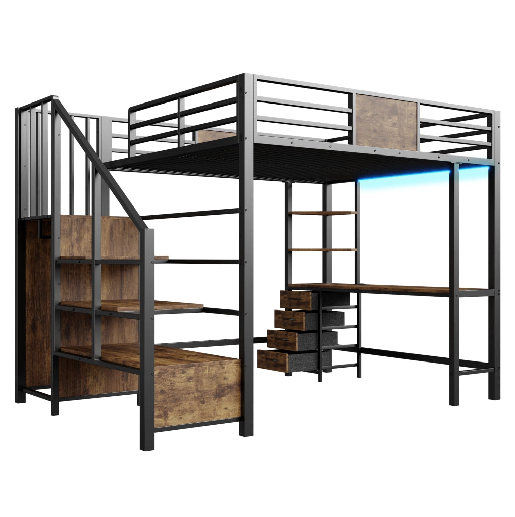 Letto a soppalco 140x200 con scrivania, ripiani, barra appendiabiti, LED e presa