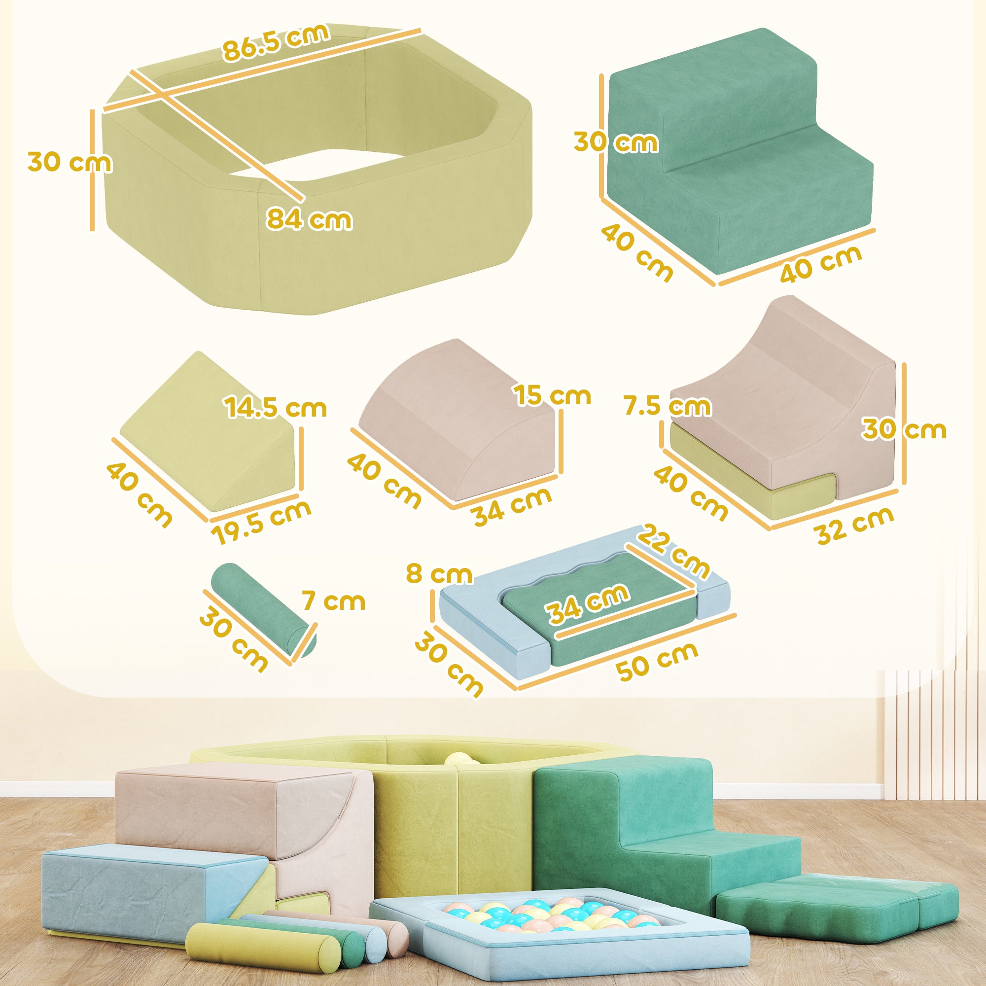 Set 15 Blocchi di Costruzioni Morbide Modulabili per Bambini con 200 Palline per Uso Interno Multicolore