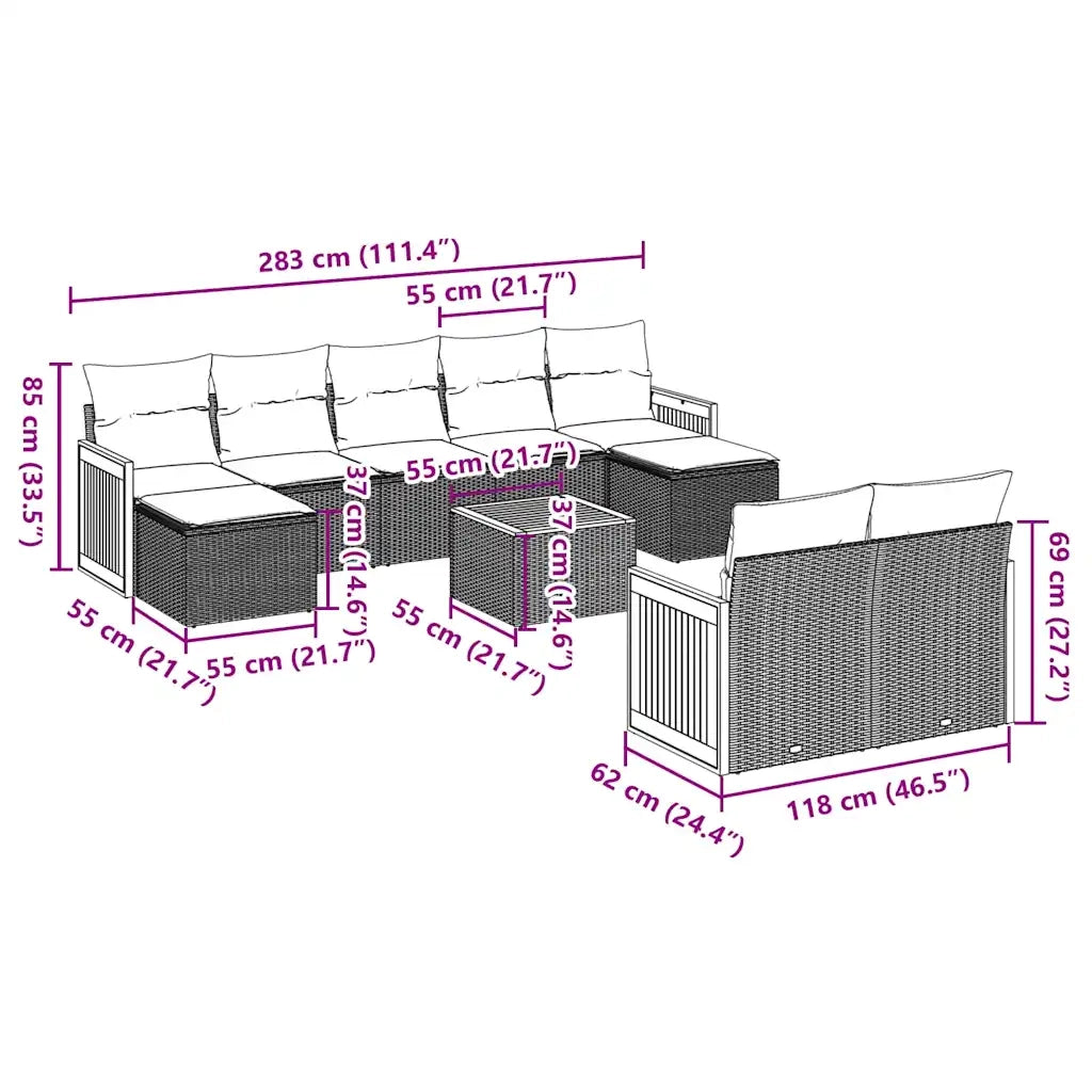 Set Divani da Giardino 10pz con Cuscini in Polyrattan Nero