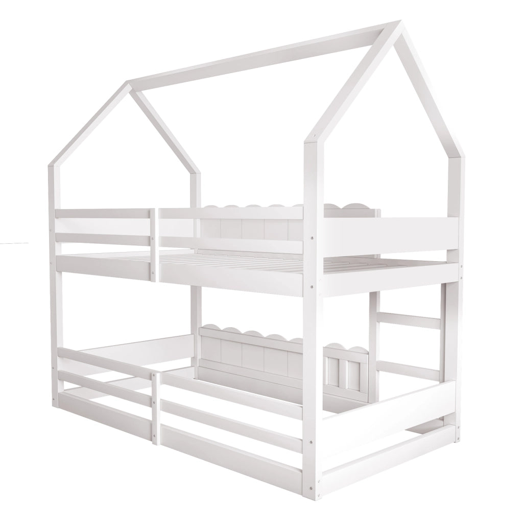Letto a castello ULEVR 90x200 cm a forma di casa con scala frontale e sponde di sicurezza, bianco