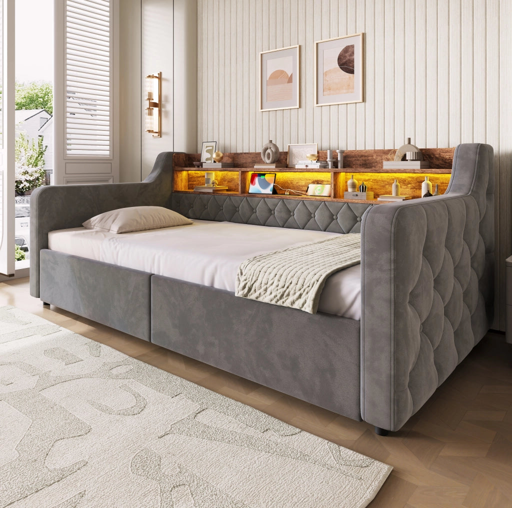 Letto singolo imbottito 90x190 cm con LED, ricarica e 2 cassetti