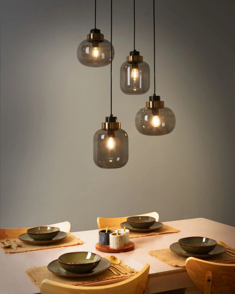 Lampada a sospensione con paralumi rotondi in vetro 4 luci in metallo trasparente grigio stile contemporaneo