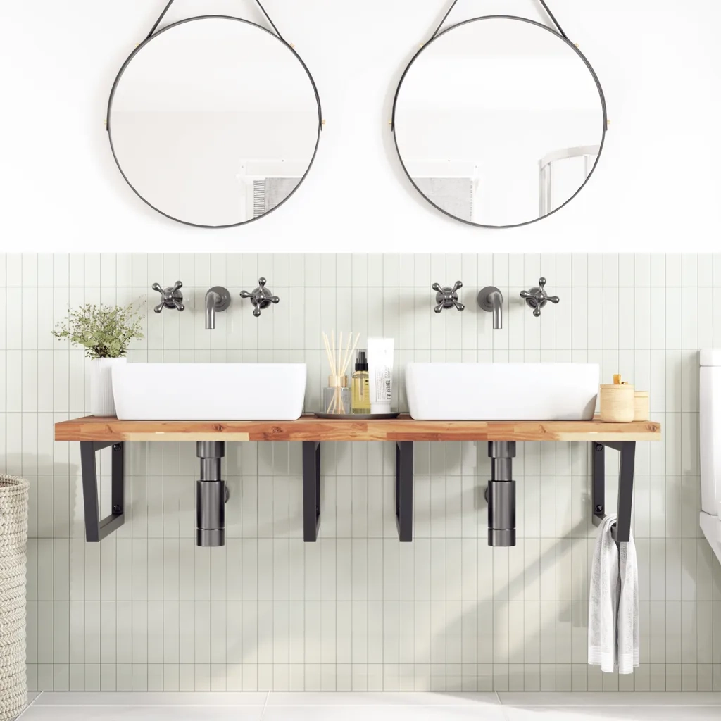Ripiano a Parete per Lavabo in Acciaio e Massello di Acacia