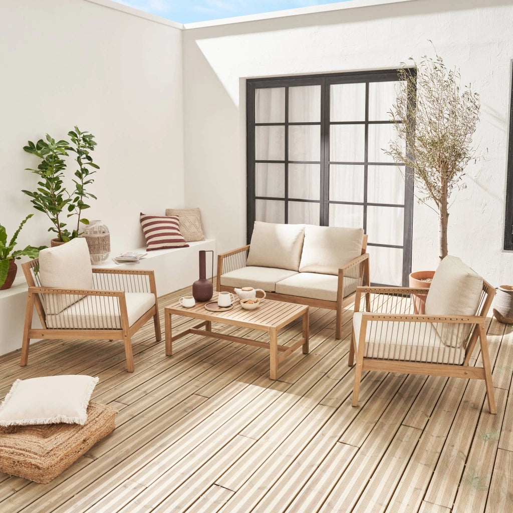 Salotto da giardino in legno e corda, 4 posti, beige