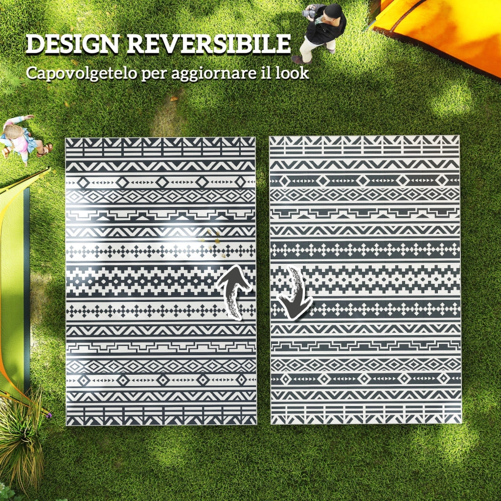 Tappeto da Esterno Reversibile 182x274 cm con Motivo Geometrico e Borsa Inclusa Grigio e Bianco