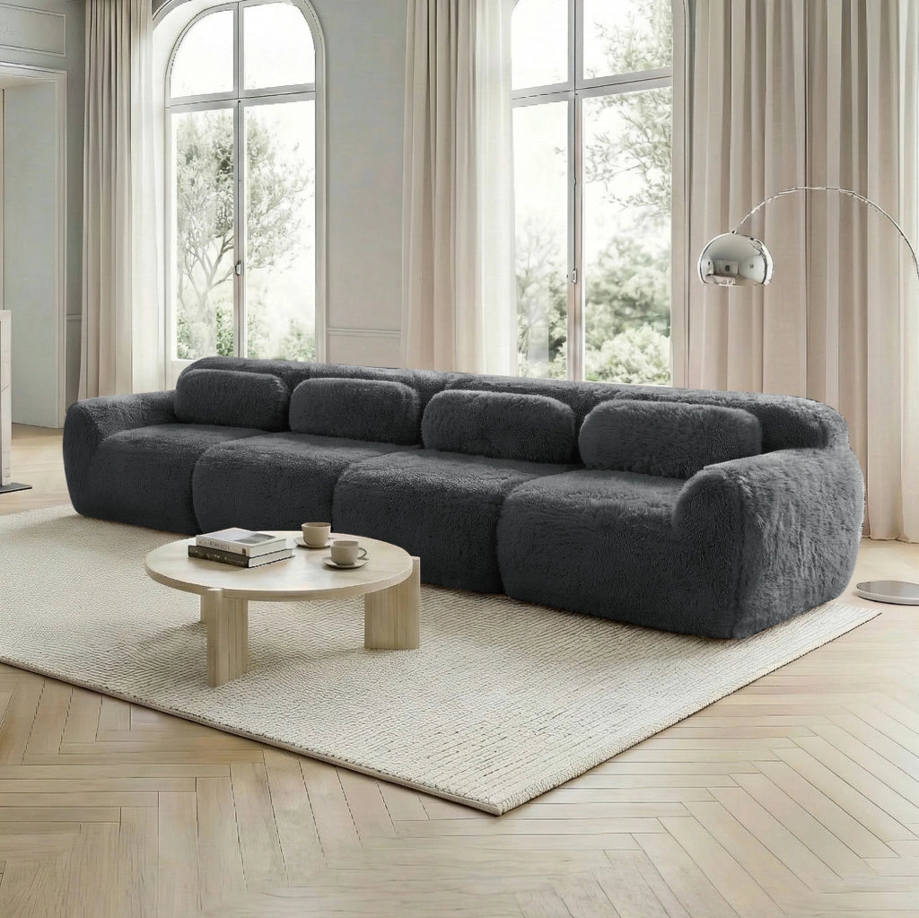 Divano modulare 4 posti in tessuto peluche grigio 378x104x73 cm; senza struttura