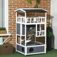 Casetta per Gatti in Legno per Esterni con Terrazza, Cuccia per Gatti a 4 Piani con Scala, Tetto in Asfalto, Resistente alle Intemperie, Casa per Piccoli Animali, 75,5 x 75 x 137 cm, Grigio